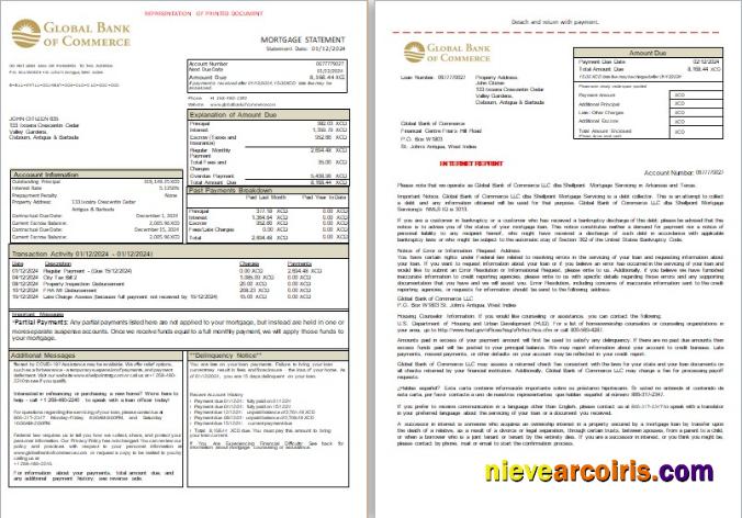 Antigua and Barbuda Global Bank of Commerce bank mortgage statement, 3 pages, 1-2